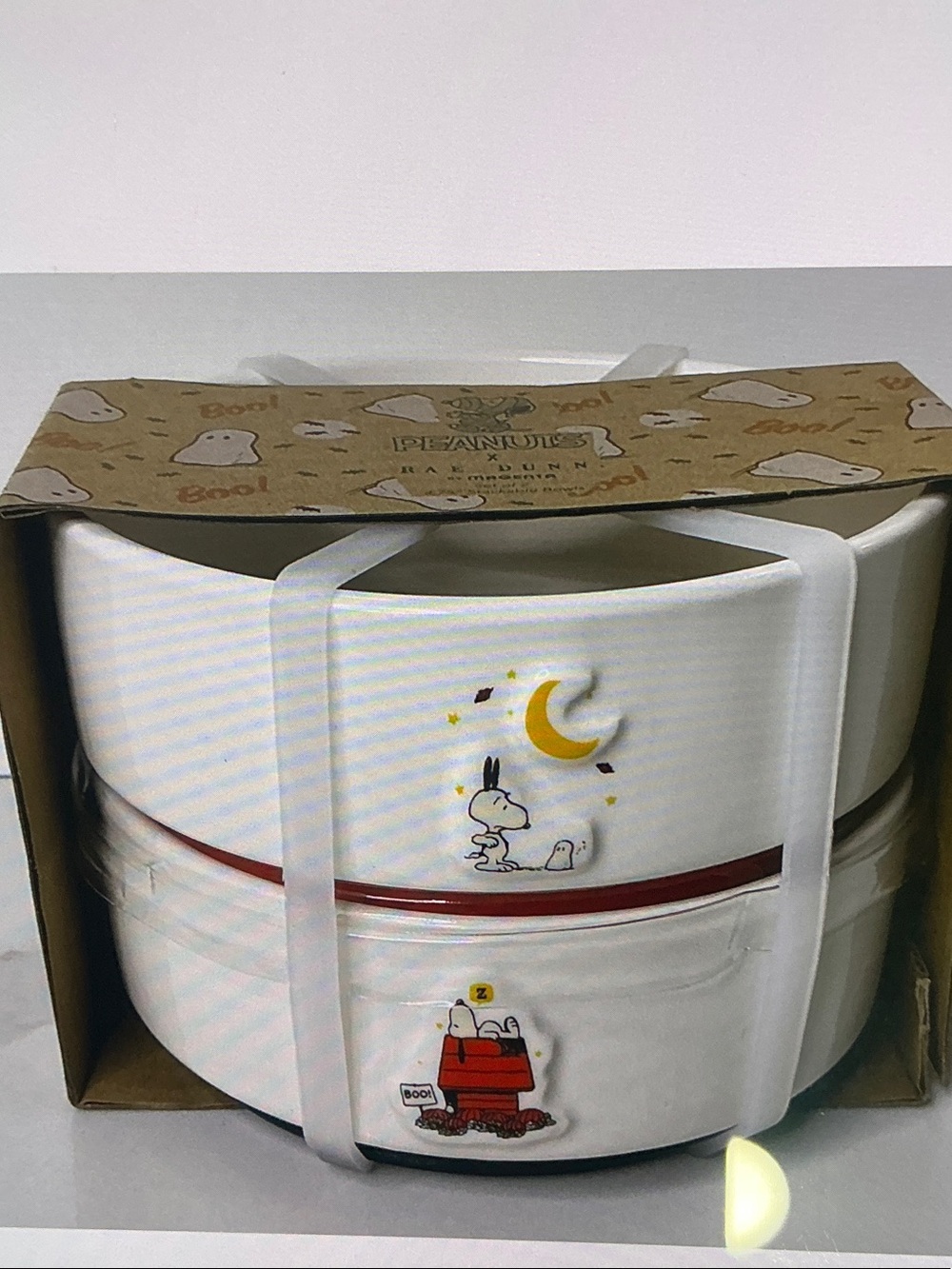 Rae Dunn Peanuts Pet Cat Dog Bowl Set Stackable Snoopy Scary Night Halloween New